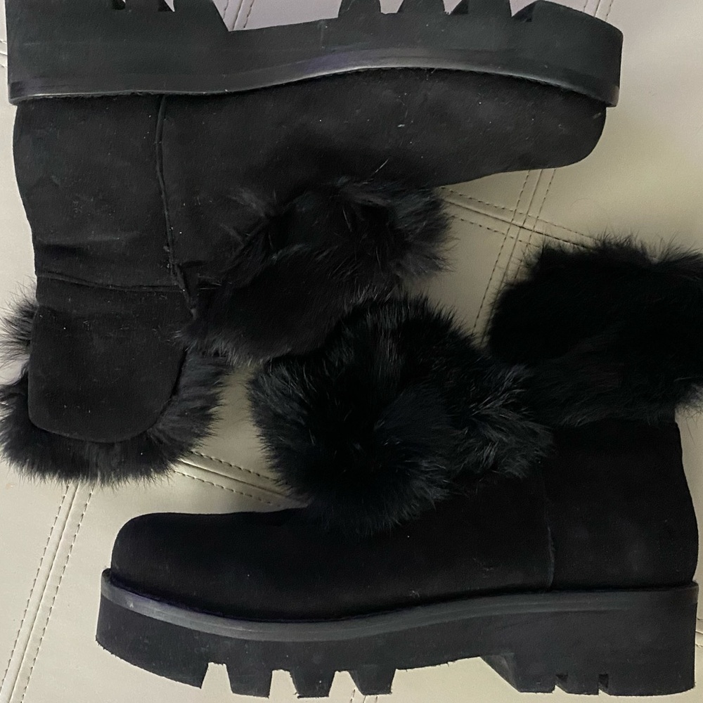 Rachel Zoe Suede Fur Short Cuffed Black Boots Voz - Picture 2 of 7